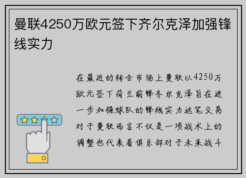 曼联4250万欧元签下齐尔克泽加强锋线实力 曼联4250万欧元签下齐尔克泽加强锋线实力